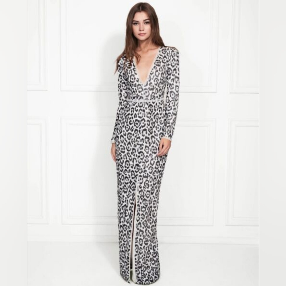 Rachel Zoe Carey Snow Leopard Gown white Leopard Sequined Dress 8